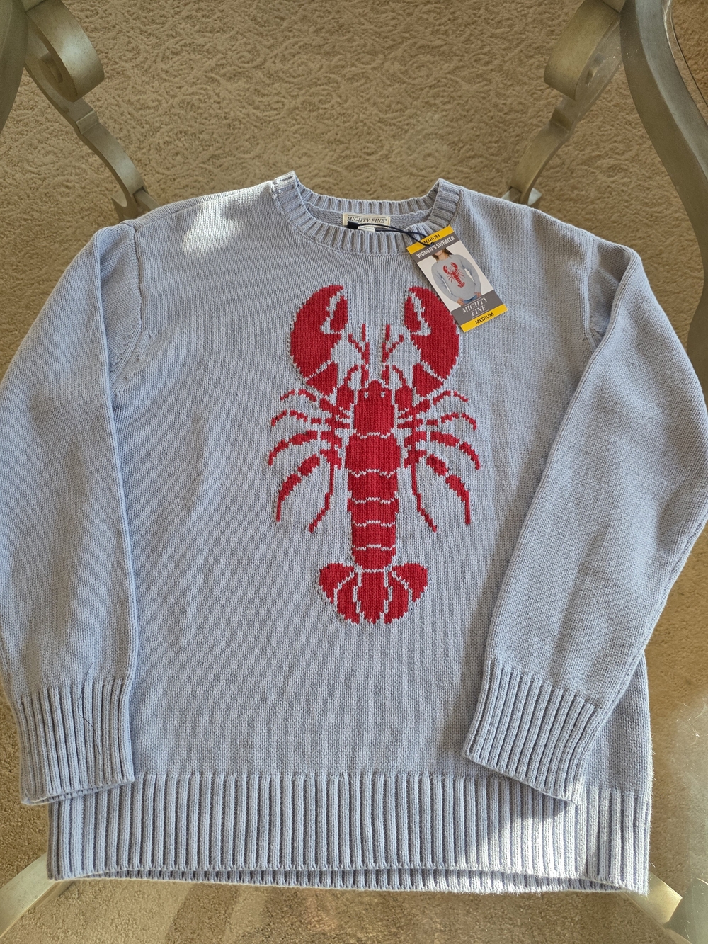 Mighty Fine Light Blue Crewneck Sweater with Red Lobster Graphic